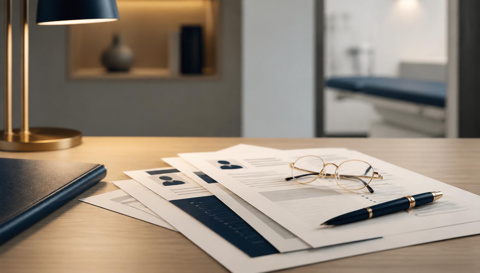 Lebensläufe und Profile auf einem Schreibtisch mit Brille und Stift