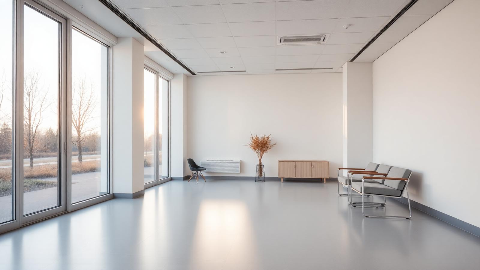 Moderner, leerer Besprechungsraum in einer Klinik im warmen Licht
