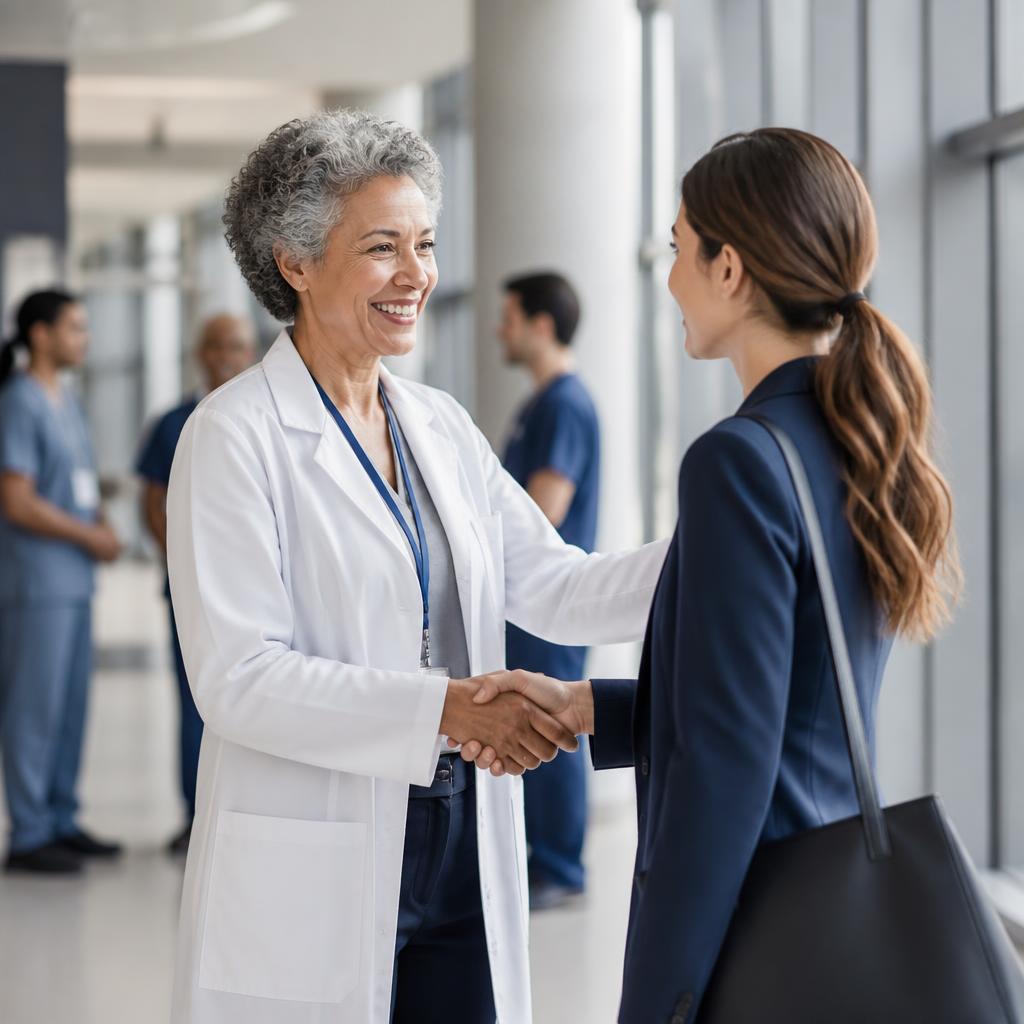 Seniorärztin begrüßt neue Mitarbeiterin herzlich in einem hellen Klinikum