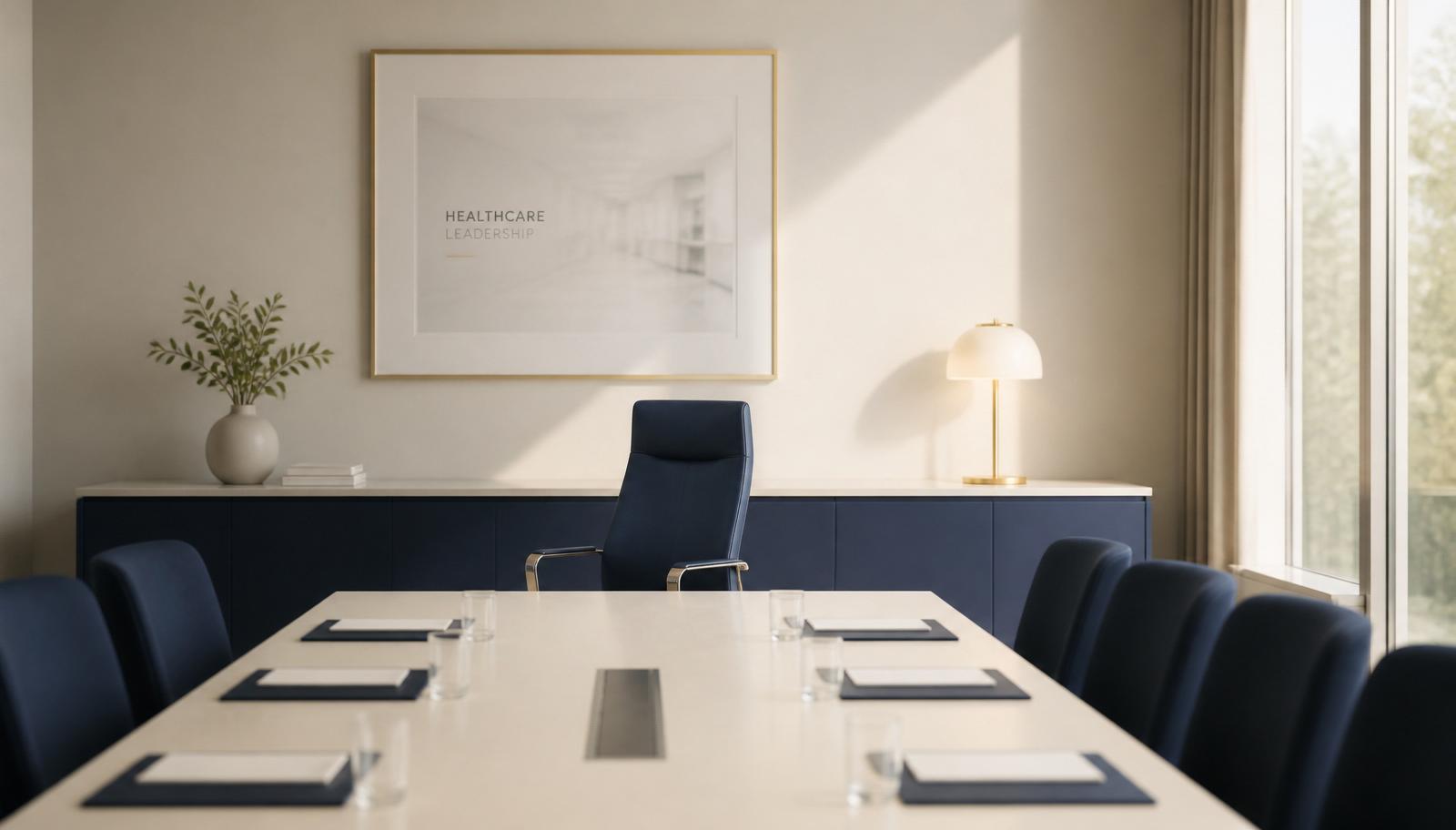 Minimalistischer Konferenzraum mit einem leicht verdrehten Stuhl am Kopfende