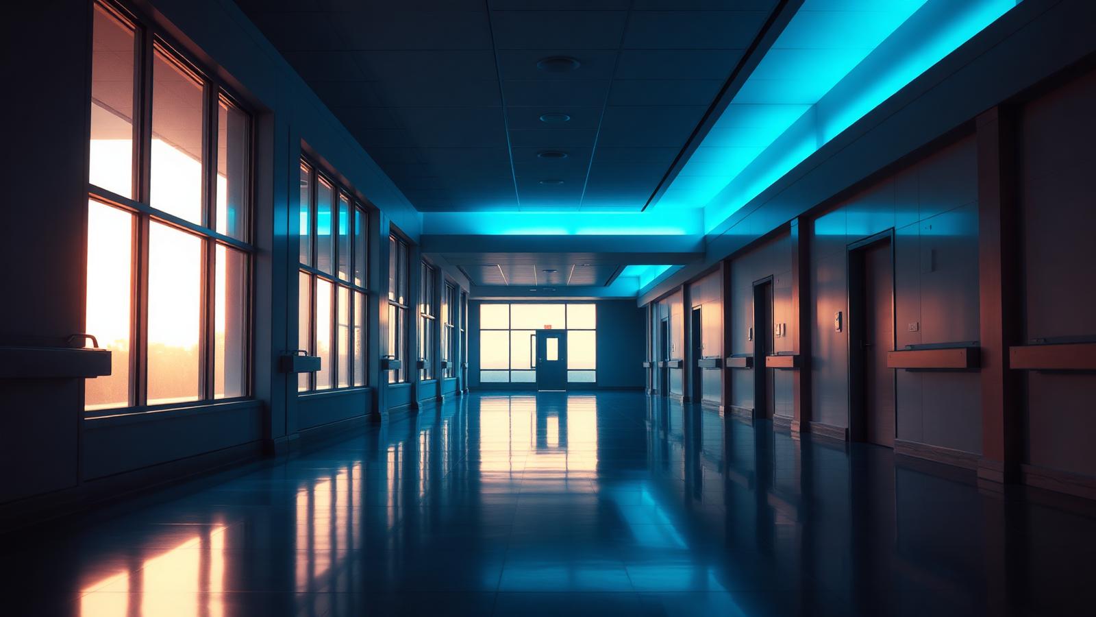Leerer, ruhiger Klinikkorridor im Morgenlicht