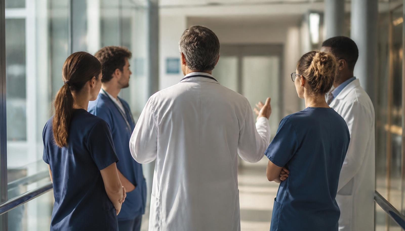 Healthcare-Team in einem modernen Klinikkorridor, eine erfahrene Führungskraft leitet das Gespräch