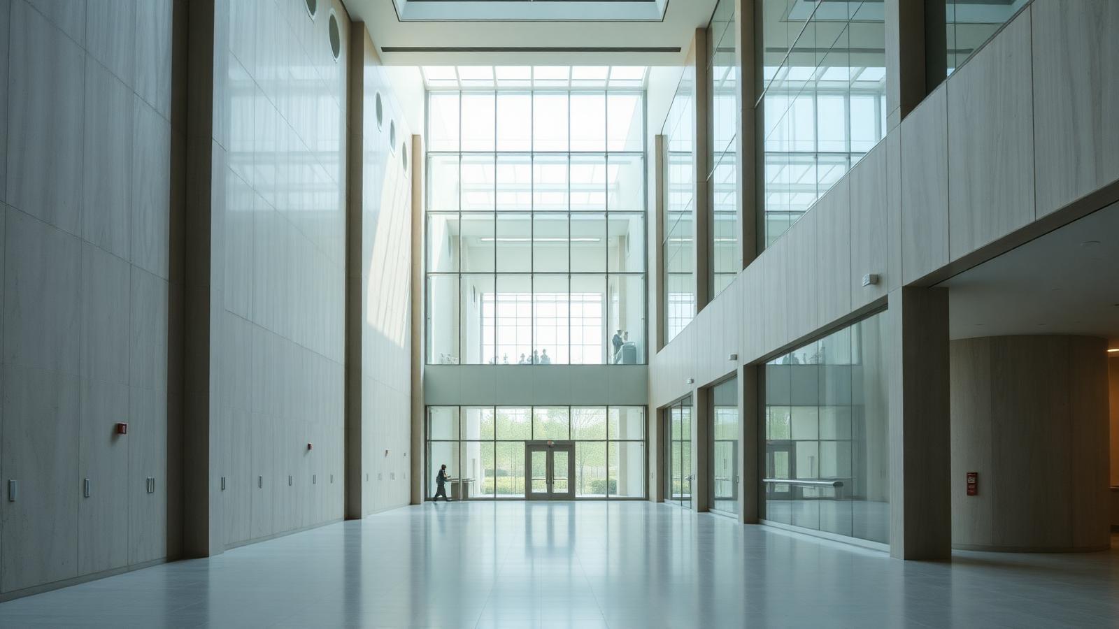 Modernes Klinik-Atrium mit Glas und hellem Stein
