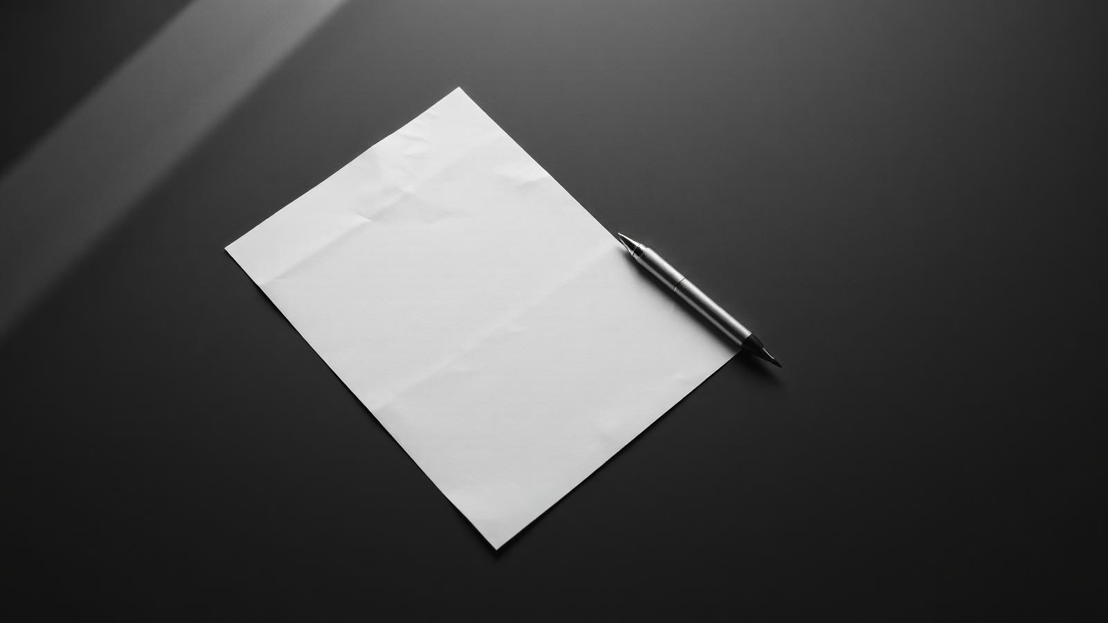Reduziertes Stillleben mit Papier und Stift auf dunkler Fläche